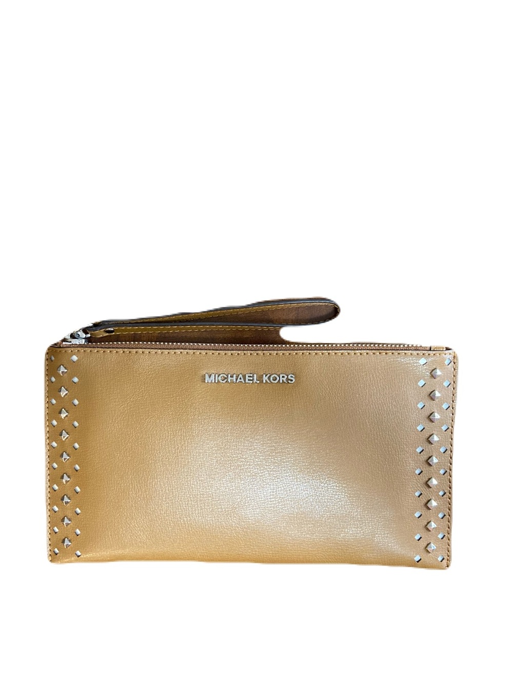 Michael Kors Jet Set Travel Studded Lg Luggage Brown Leather Zip-Top Wristlet